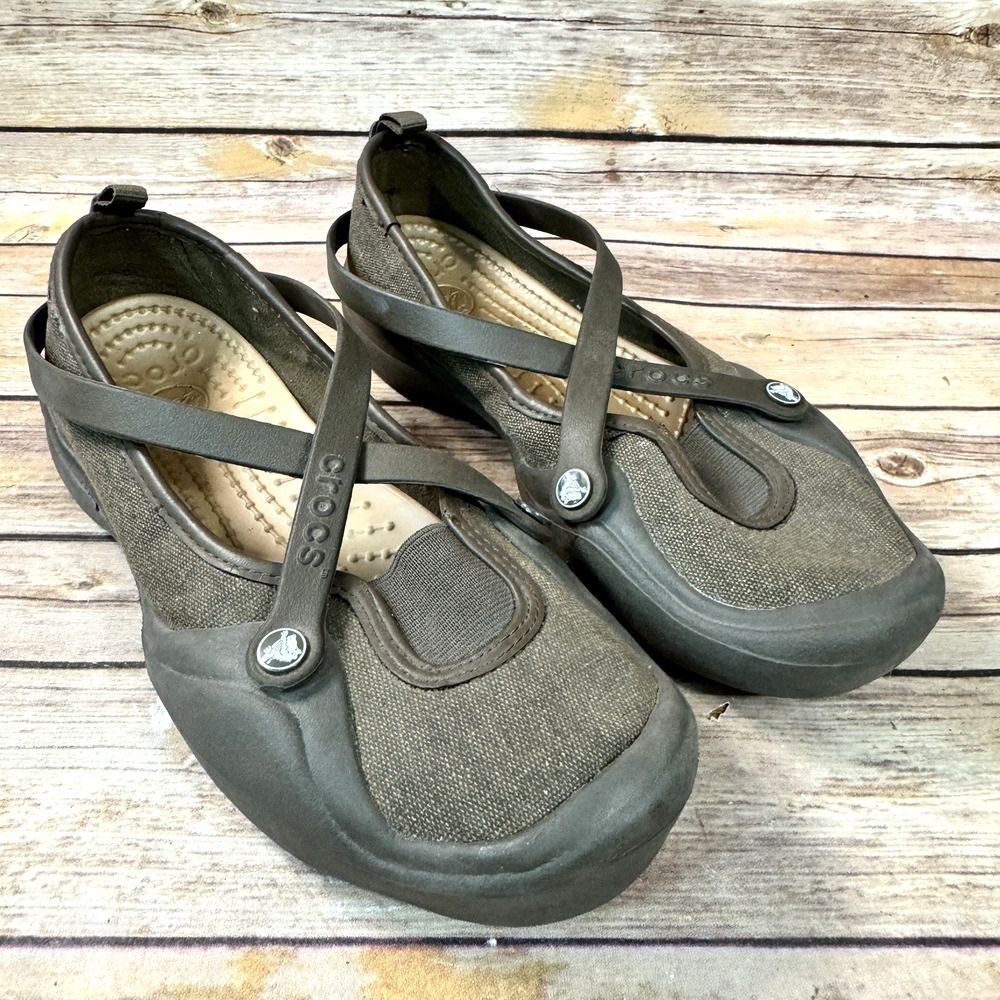 Crocs Womens Brown Rubber & Linen Mary Jane Strappy Flat Shoes Size 9
